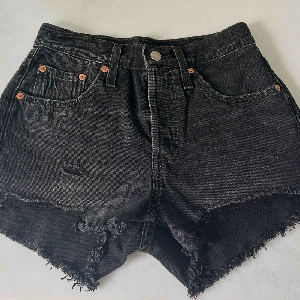 Levi's Black Distressed Jean Shorts with Frayed Hem